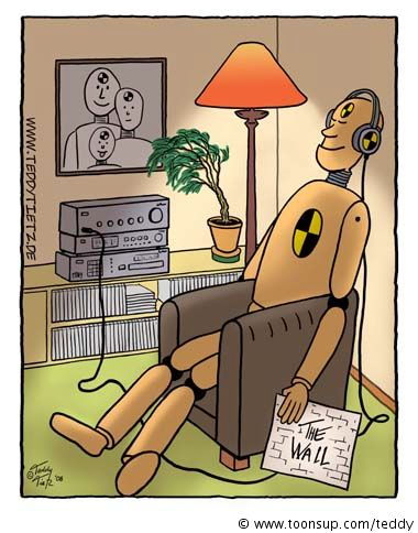 Cartoon: Dummy hört sich 'The Wall' von Pink Floyd an. 1