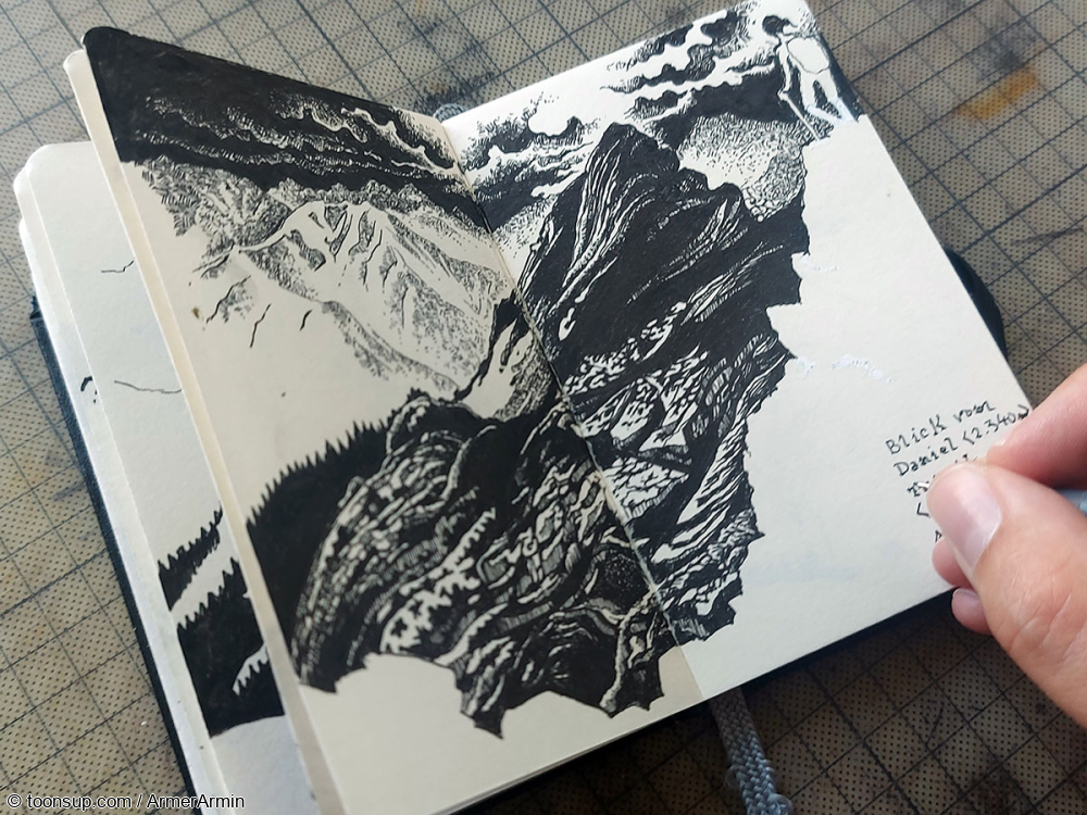 Illustration: Kritzeln + Kraxeln: Tuftlalm (1.496m), Upsspitze (2.332) und Daniel (2.340m) 6