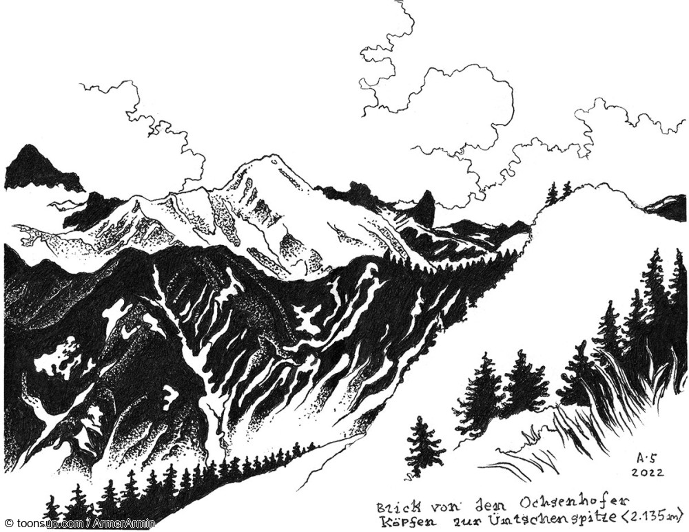 Illustration: Kritzeln + Kraxeln: Walmendinger Horn (1.990m), Ochsenhofer Köpfe (1.972m) 1