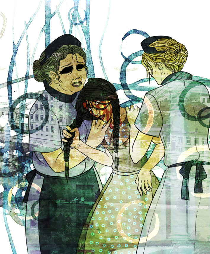Illustration: Die Irre mit ihren Aufpassern 1