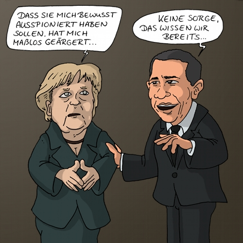 Cartoon: Merkel klärt Handyaffäre mit Obama persönlich 1