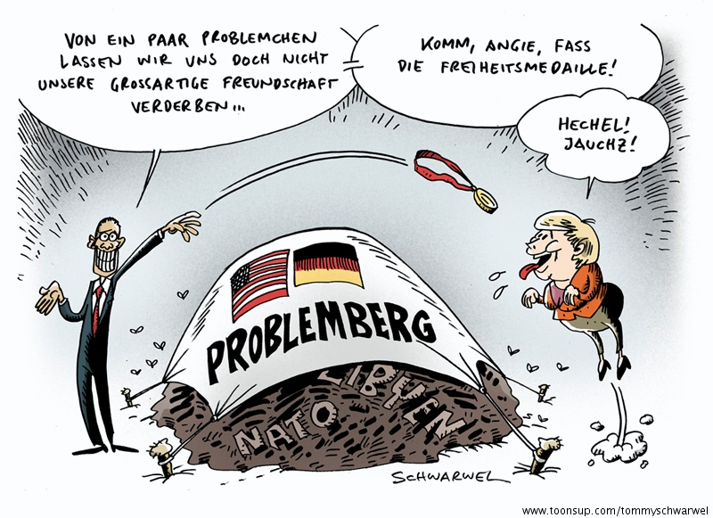 Karrikatur: Merkel zu Besuch beim großen Bruder USA 1