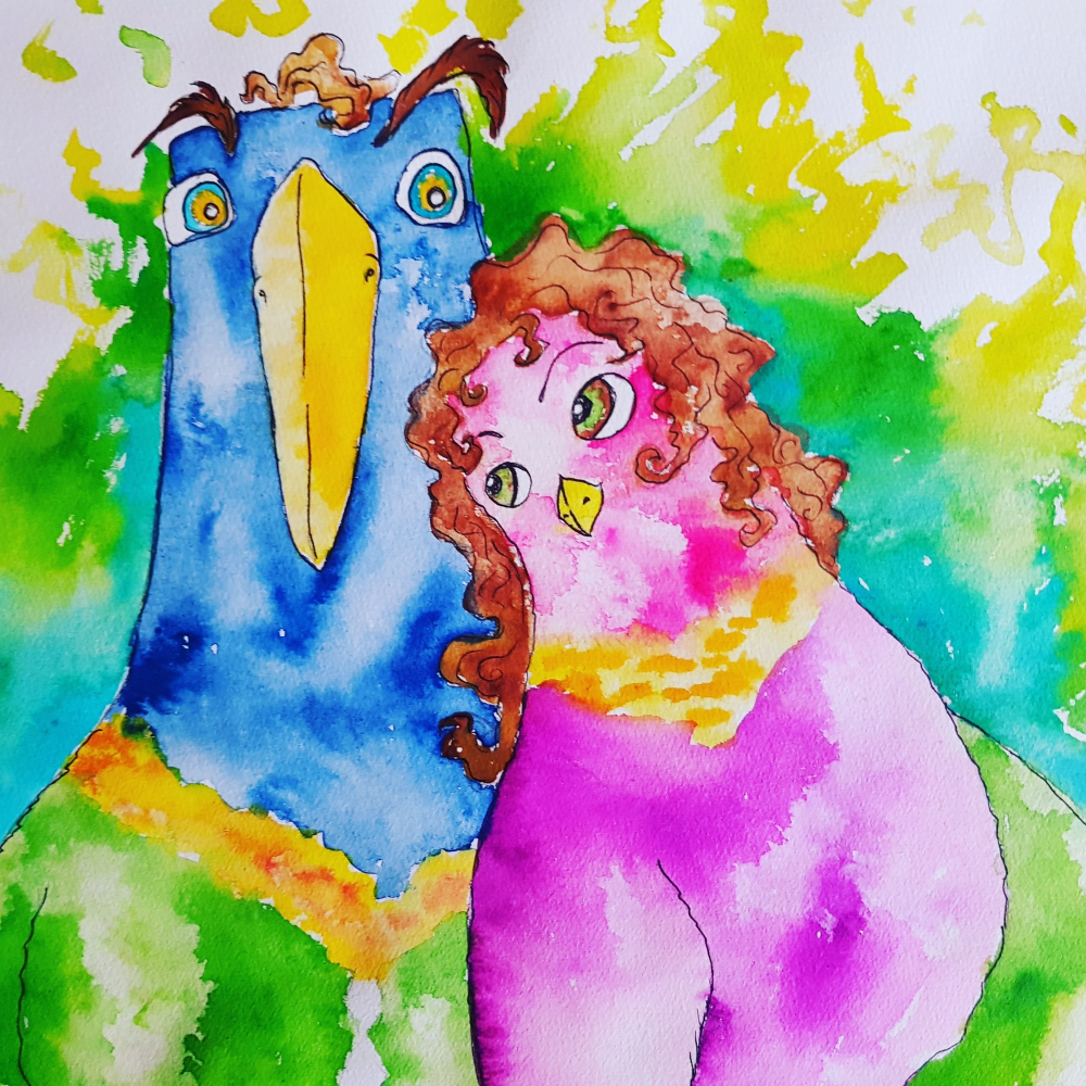 Caricature: Ich und mein Mann als Vögel 1