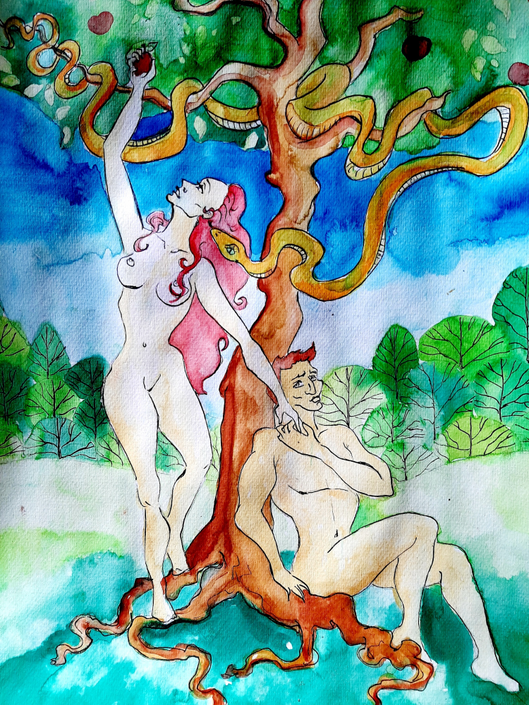Illustration: Die Schlange verführt Eva (Zeichnung) 2