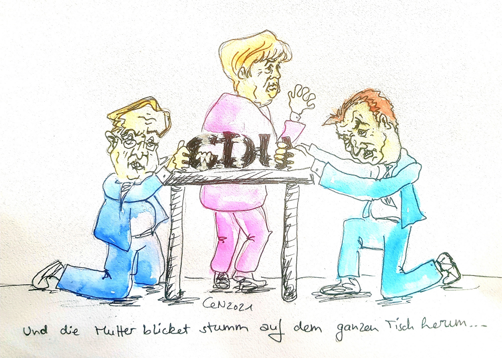 Karrikatur: Und die Mutter blicket stumm auf dem ganzen Tisch herum 1