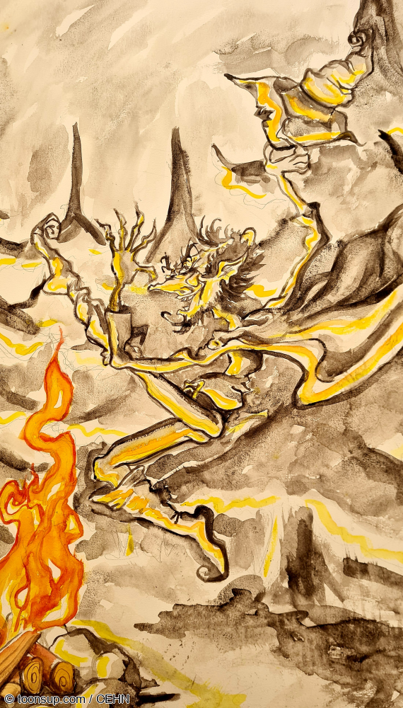 Illustration: Im Feuerschein nachts im Wald 1
