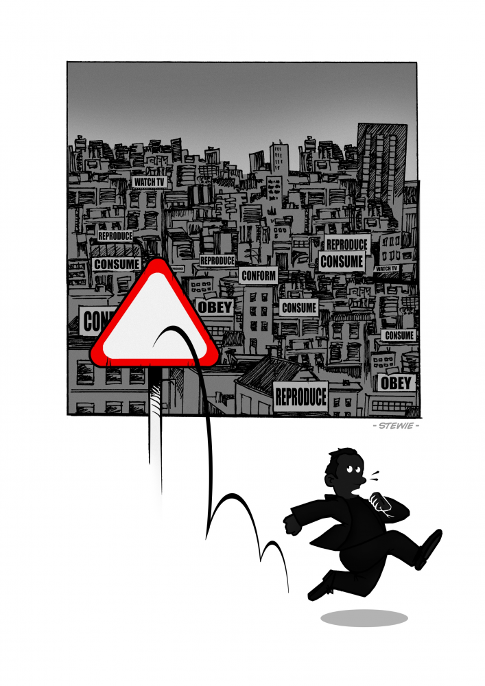 Cartoon: Consume - Reproduce - Conform - Watch TV - or run away! 1