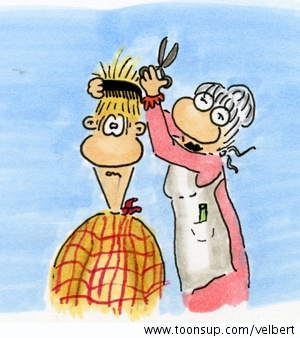 Cartoon: Mutter schneidet Velberts Haare 1