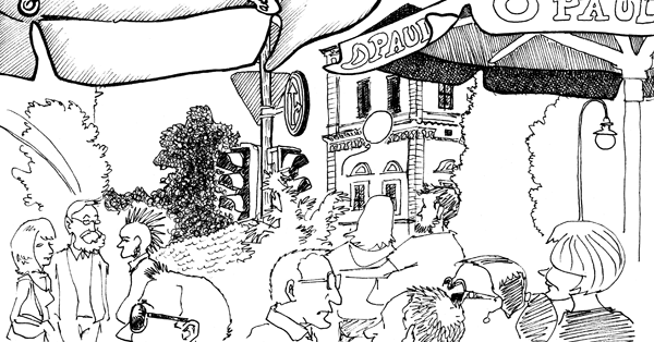 Illustration: Leute im Café und draußen 1