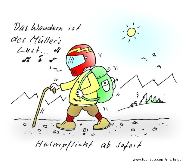 Cartoon: wandern helmpflicht sport natur berge unfall versicherung 1