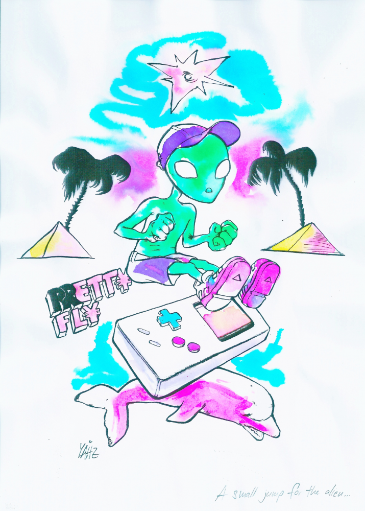 Illustration: Alien springt über Gameboy 1
