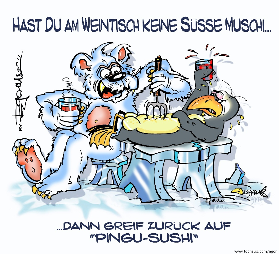 Cartoon: dem eisbär knurrt der magen-soll er das Pingu-Sushi wagen? 1