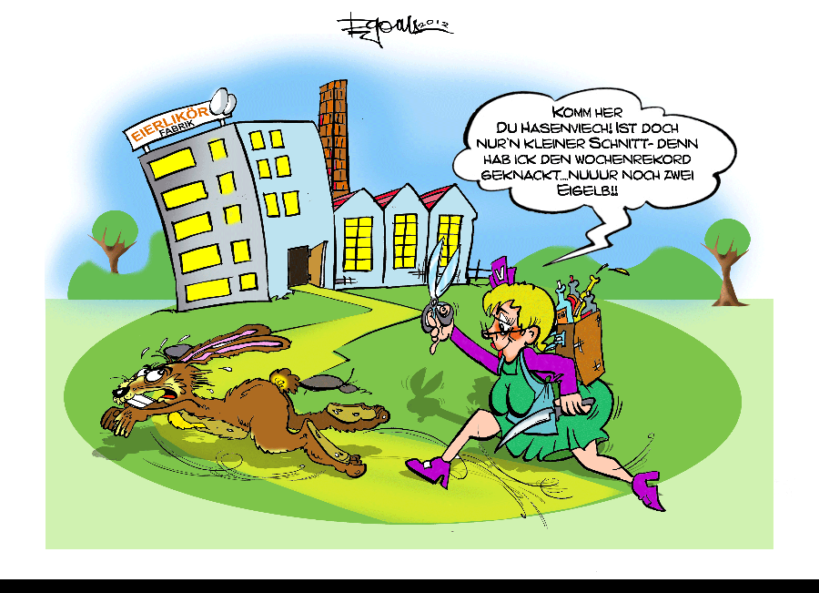 Cartoon: Eierlikör Rekordabfüllungsversuch (HaseALE Kastration) 1