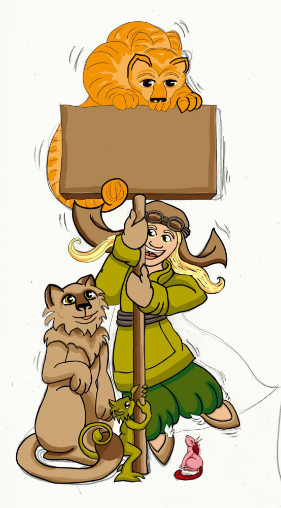 Illustration: Haha als Schildhalter mit Pu, Ti, Jurix und Einhorn (Avatar) 1