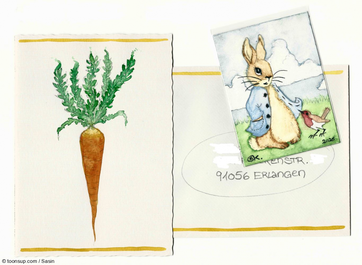 Illustration: KaKAO-Karte: "Peter Hase mit Rotkehlchen" mit Karottenkarte 2