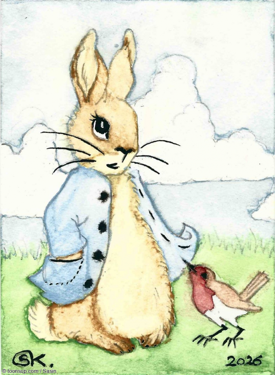 Illustration: KaKAO-Karte: "Peter Hase mit Rotkehlchen" mit Karottenkarte 1