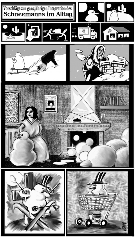 Comic: Vorschläge zur ganzjährigen Integration des Schneemanns im Allta 1