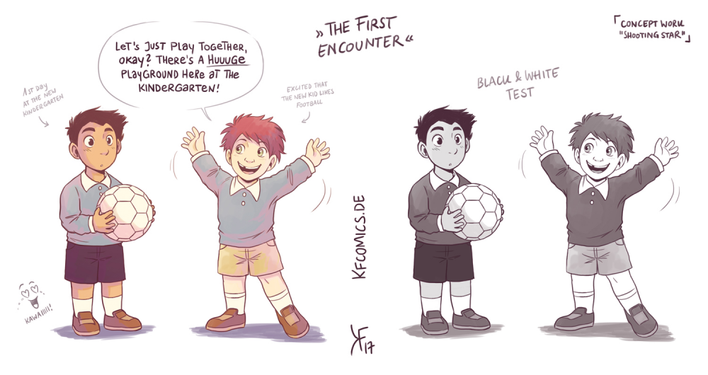 Concept Art / Character Design: Shooting Star - Charakter Konzept 'Kids' (farbig+sw) 1