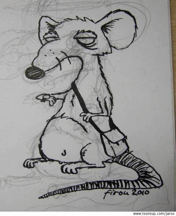 Illustration: auf Bus wartende Ratte (s/w) 1