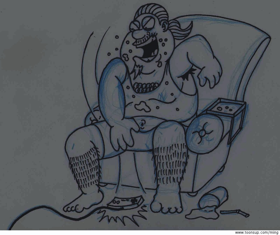 Cartoon: Fetter Kerl am Ausrasten und schmeißt Controller auf dem Boden! 2