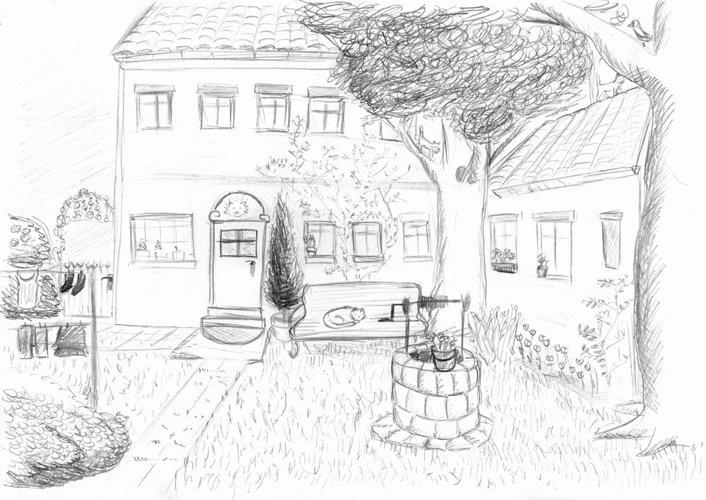 Illustration: Hof mit Katzen 1