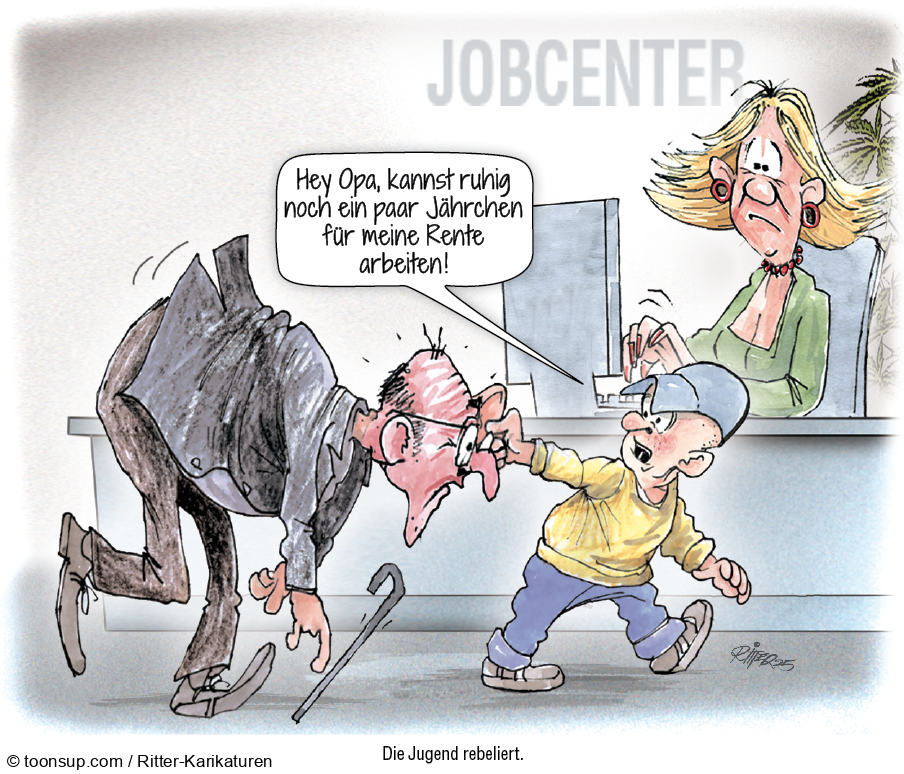 Karrikatur: Mit Opa in Jobcenter 1
